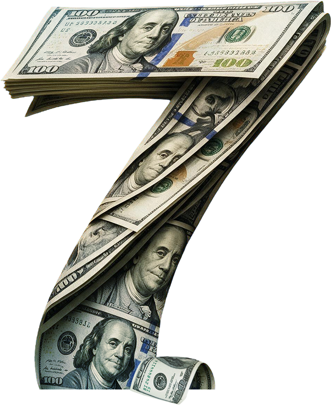 A stack of $100 bills folded into the shape of the number seven